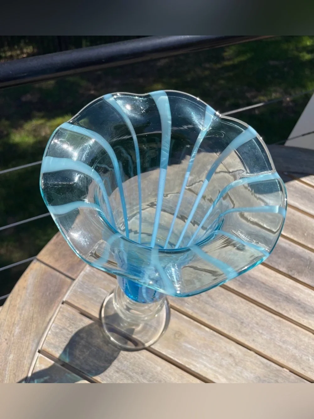 Vintage Art Glass Trumpet Vase Aqua Blue White Optic Ribbed Ruffled Footed